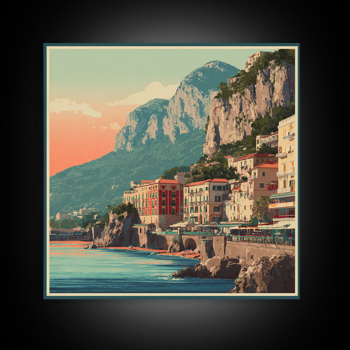 Retro Amalfi Coast Cliffs Canvas Print, Travel Poster(2), Map Print, Living Room Decor, Fine Art, Voyage, Boho Decor, TPO-1x1-50
