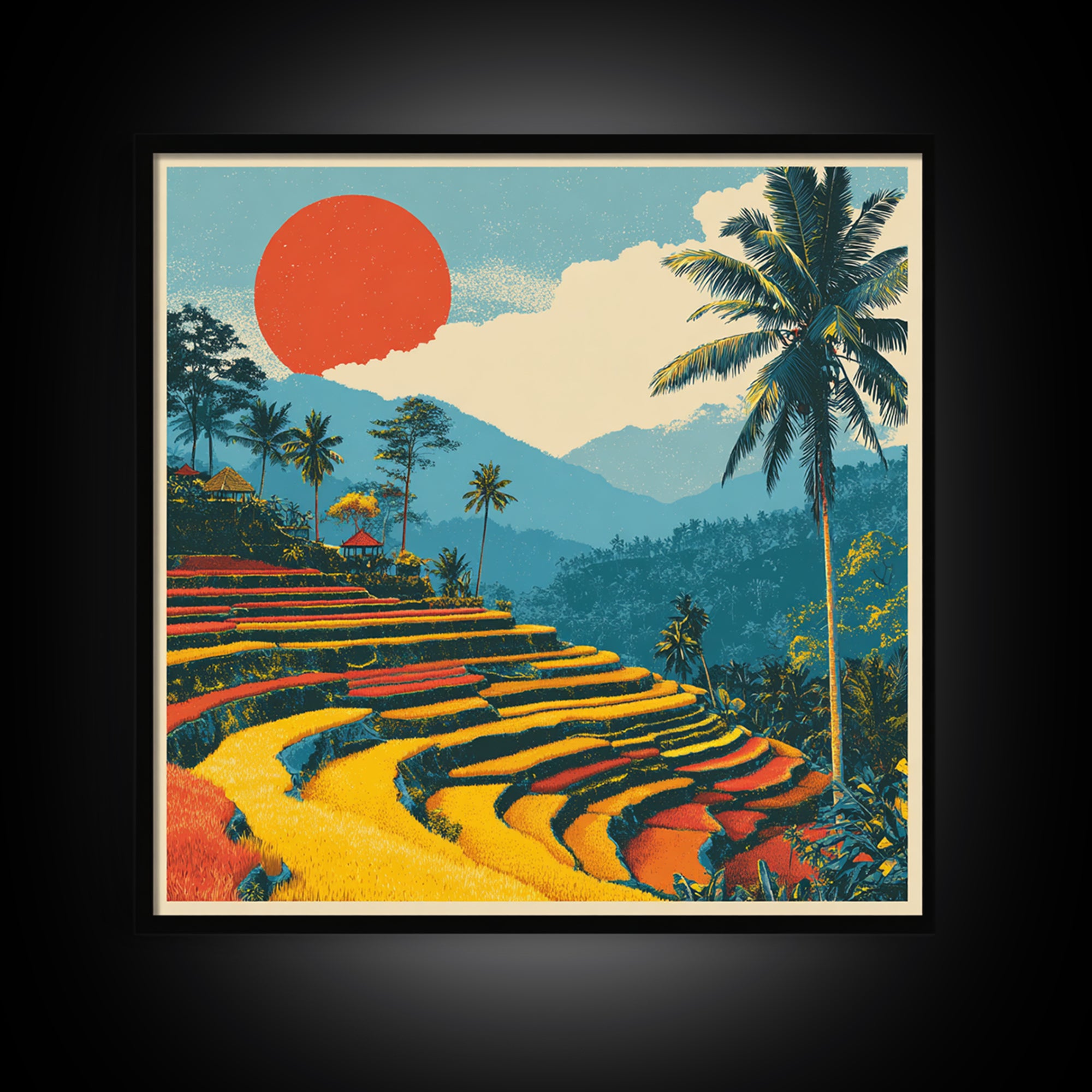 Bali Rice Terraces and Jungle Palms Framed Canvas Print, Travel Poster(2), Retro Poster, Living Room Decor, Fine Art, Voyage, TPO-1x1-61