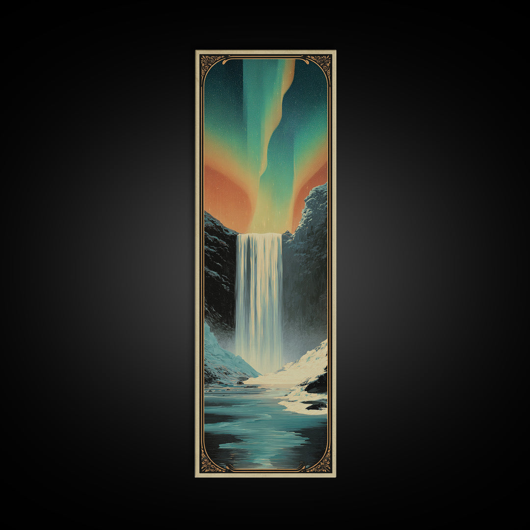 Iceland Waterfall and Northern Lights Canvas Print, Travel Poster(2), Digital Download Art, Living Room Decor, Fine Art, Voyage, TPO-1x3-26
