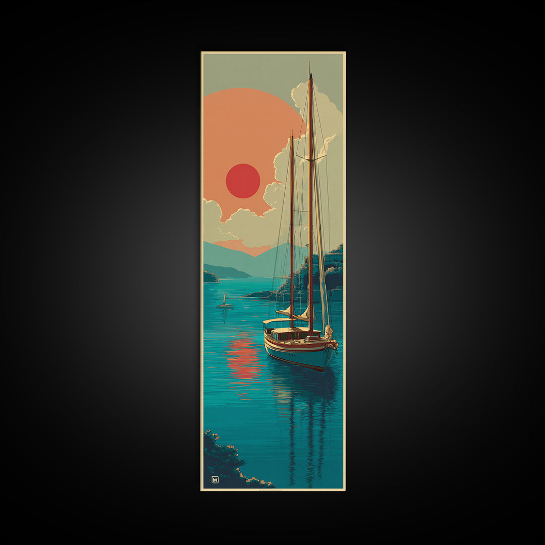 Greek Island Sailboat and Sun Poster Framed Canvas Print, Travel Poster(2), Modern Decor, Living Room Decor, Fine Art, Voyage, TPO-1x3-4