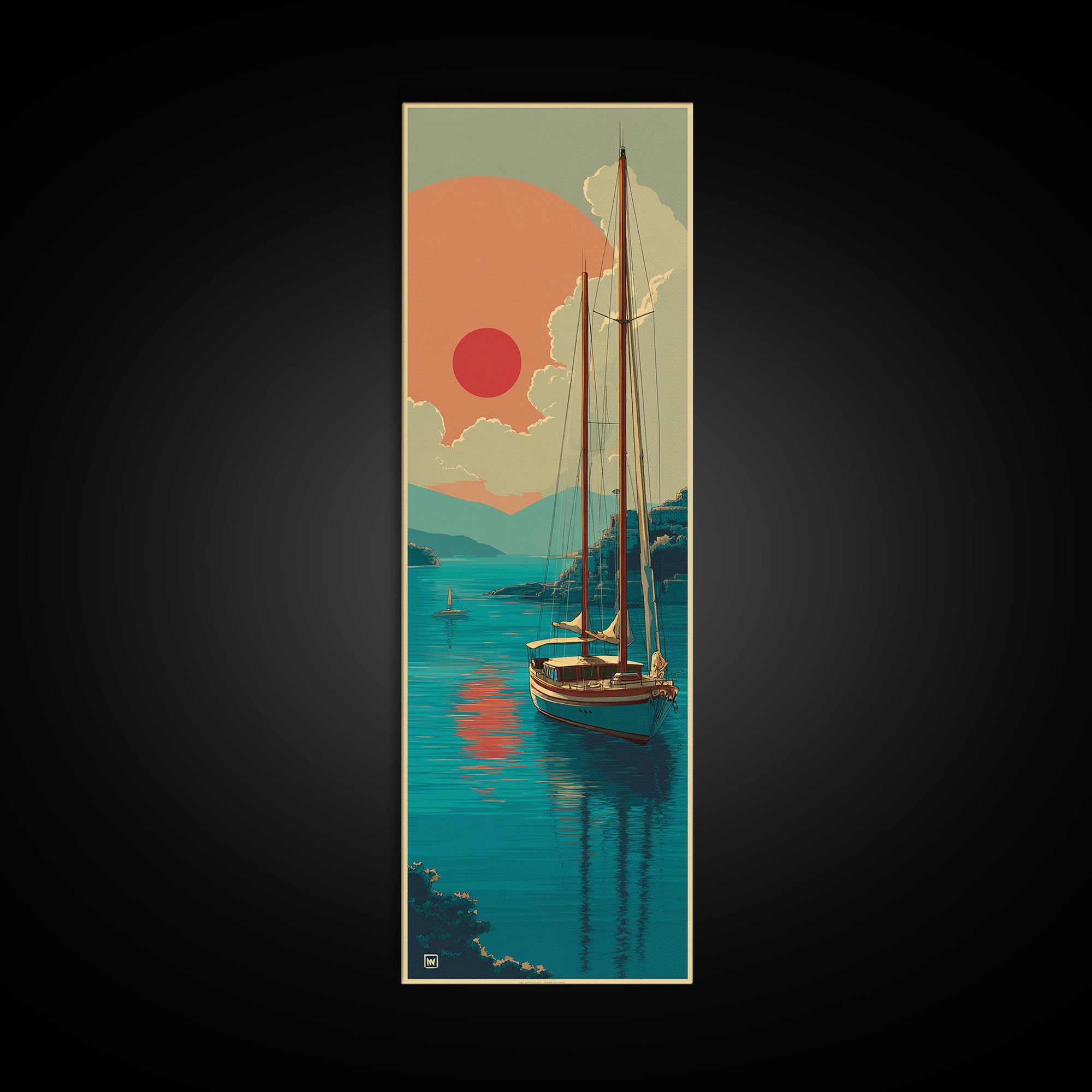 Greek Island Sailboat and Sun Poster Framed Canvas Print, Travel Poster(2), Modern Decor, Living Room Decor, Fine Art, Voyage, TPO-1x3-4