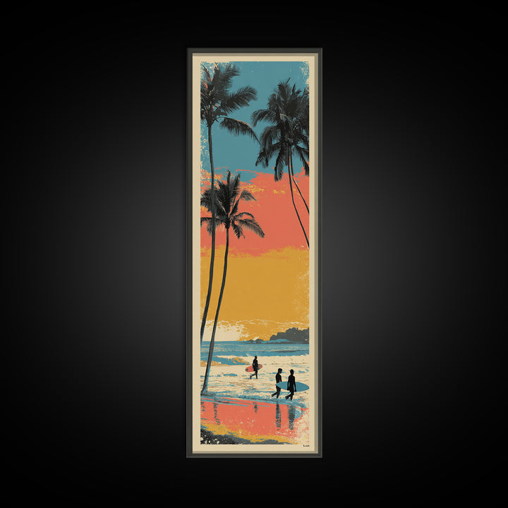 Hawaii Surf and Palm Tree Poster Framed Canvas Print, Travel Poster(2), Boho Decor, Living Room Decor, Fine Art, Voyage, TPO-1x3-45