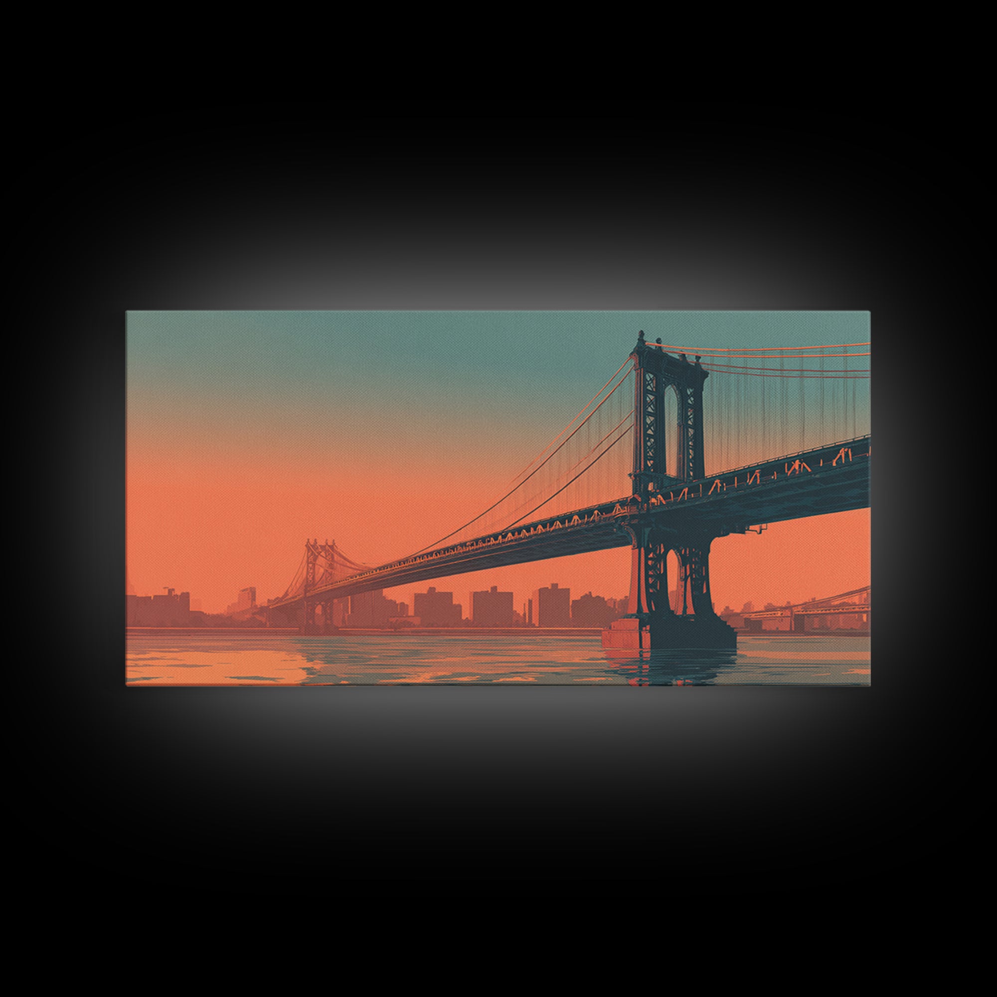 New York Bridge at Sunrise Framed Canvas Print, Travel Poster(2), Minimalist Decor, Living Room Decor, Fine Art, Voyage, TPO-2x1-50