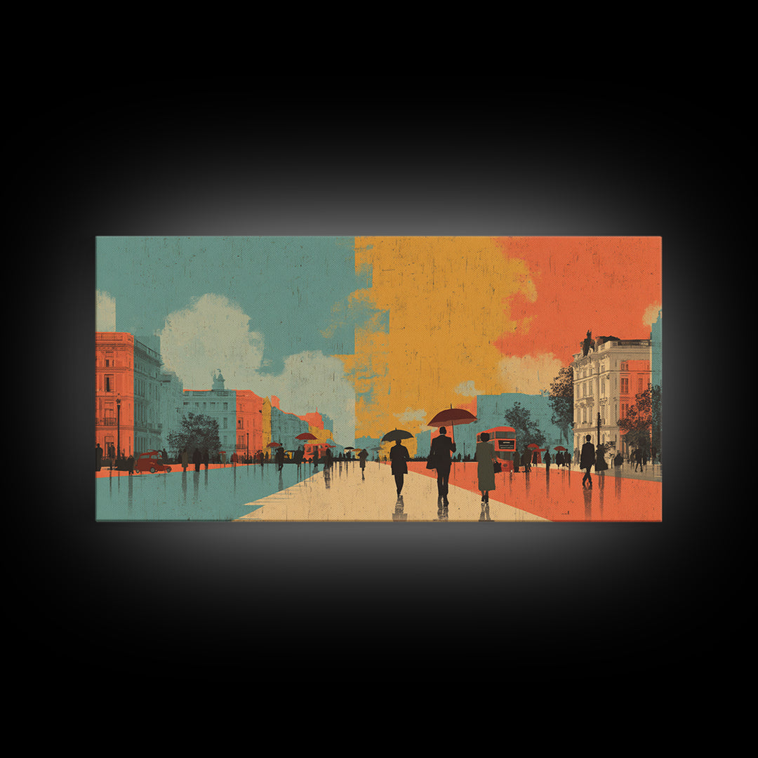 London Rainy Street Umbrella Graphic Canvas Print, Travel Poster(2), Contemporary Art, Living Room Decor, Fine Art, Voyage, TPO-2x1-54