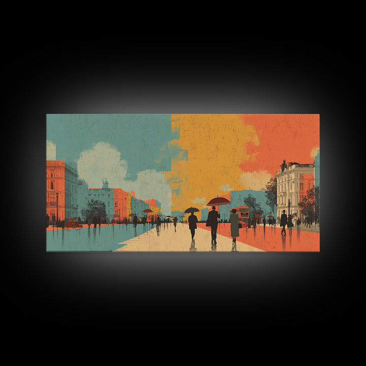 London Rainy Street Umbrella Graphic Canvas Print, Travel Poster(2), Contemporary Art, Living Room Decor, Fine Art, Voyage, TPO-2x1-54