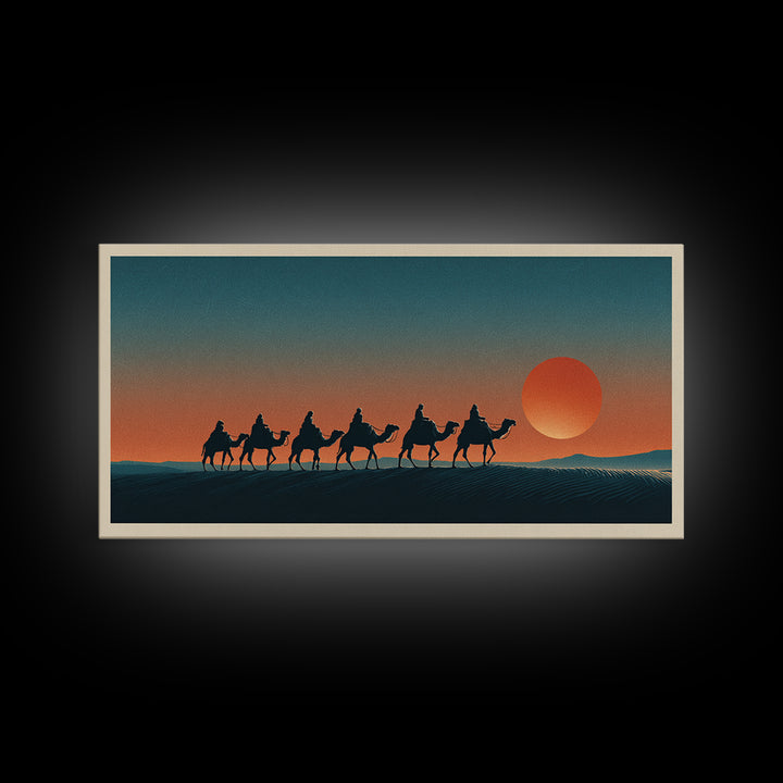 Moroccan Desert Caravan Travel Poster Framed Canvas Print, Travel Poster(2), Statement Artwork, Living Room Decor, Voyage, TPO-2x1-75