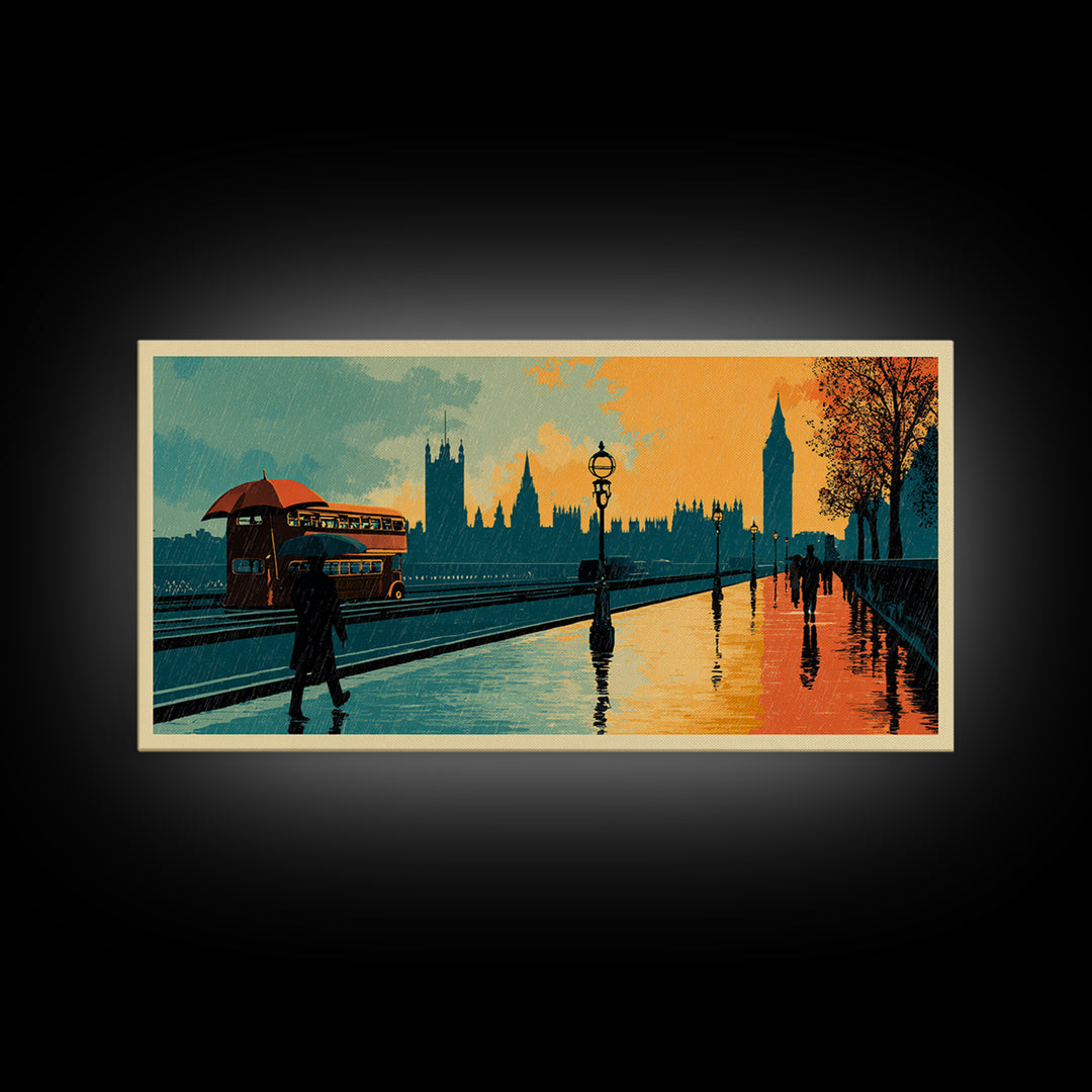 London Rainy Street Umbrella Graphic Canvas Print, Travel Poster(2), Contemporary Art, Living Room Decor, Fine Art, Voyage, TPO-2x1-78