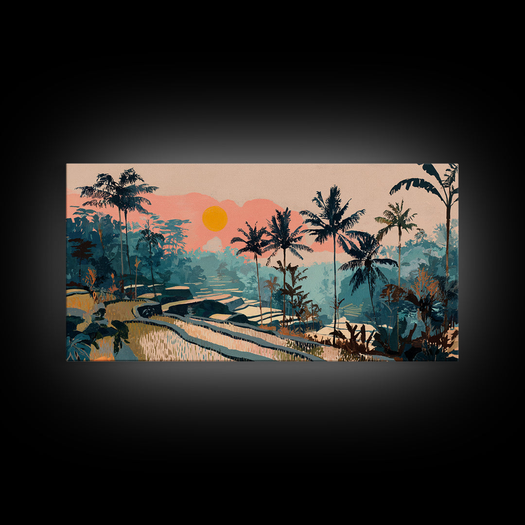 Bali Rice Terraces and Jungle Palms Framed Canvas Print, Travel Poster(2), Wall Hanging, Living Room Decor, Fine Art, Voyage, TPO-2x1-81