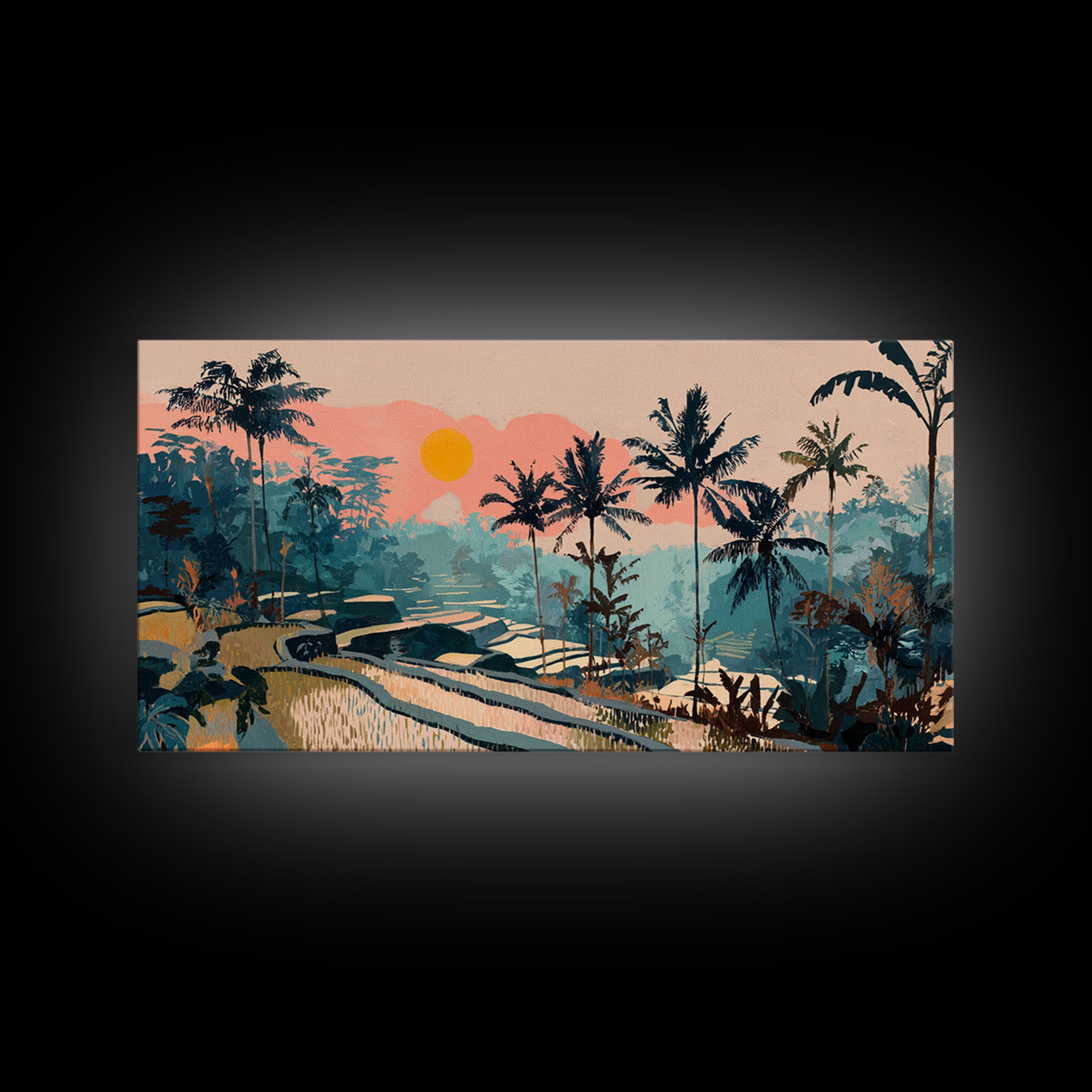 Bali Rice Terraces and Jungle Palms Framed Canvas Print, Travel Poster(2), Wall Hanging, Living Room Decor, Fine Art, Voyage, TPO-2x1-81