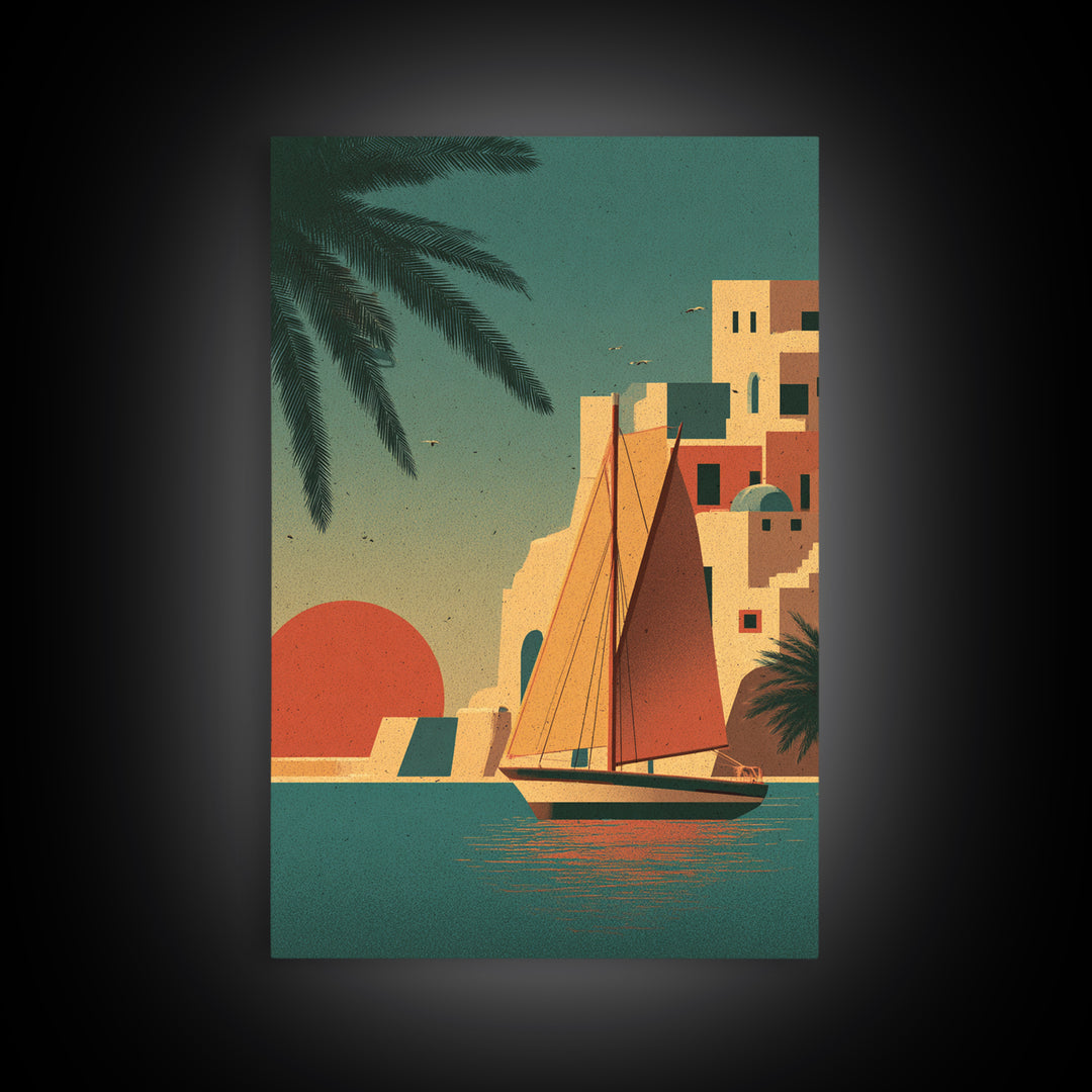 Greek Island Sailboat and Sun Poster Framed Canvas Print, Travel Poster(2), Map Print, Living Room Decor, Fine Art, Voyage, TPO-2x3-24