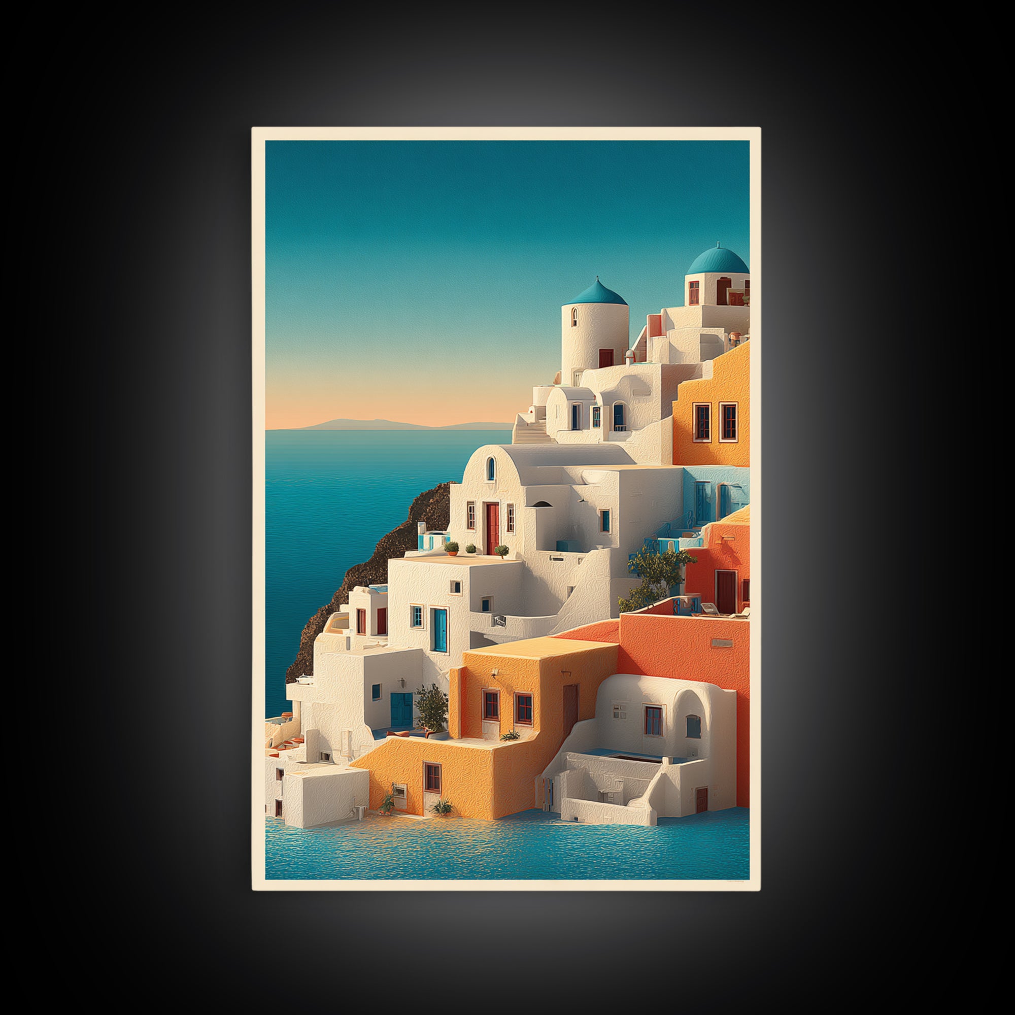 Santorini White Buildings and Cobalt Water Framed Canvas Print, Travel Poster(2), Landscape Art, Living Room Decor, Voyage, TPO-2x3-36