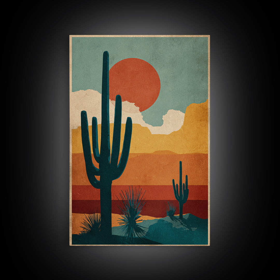 Mexico Cactus and Sun Travel Poster Framed Canvas Print, Travel Poster(2), Digital Wall Art, Living Room Decor, Voyage, TPO-2x3-53