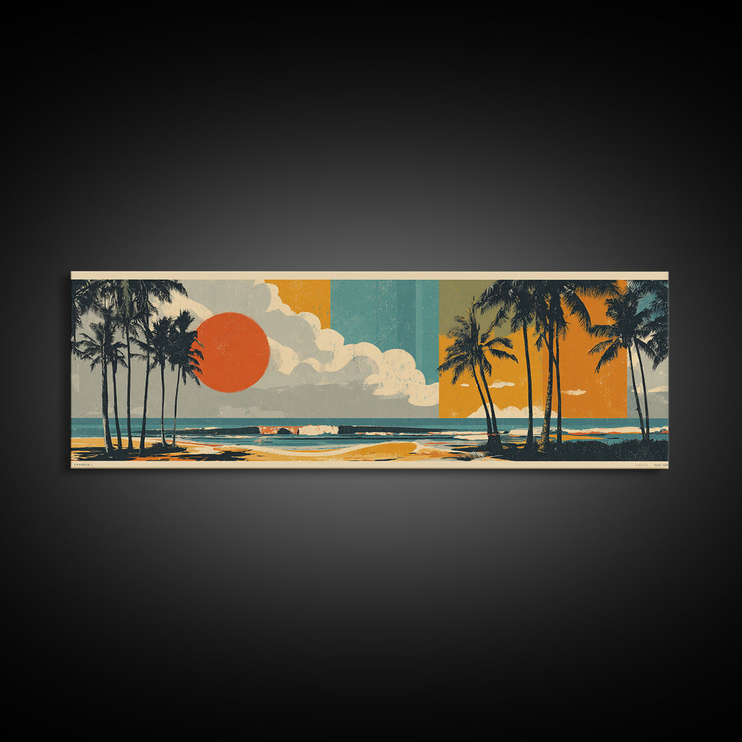 Hawaii Surf and Palm Tree Poster Framed Canvas Print, Travel Poster(2), Living Room Wall Art, Living Room Decor, Voyage, TPO-3x1-1