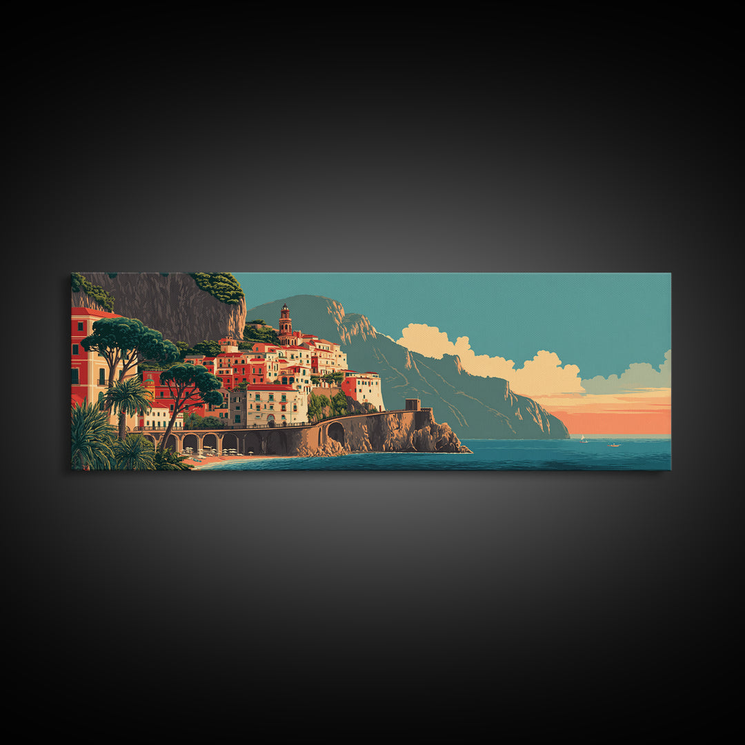 Retro Amalfi Coast Cliffs Framed Canvas Print, Travel Poster(2), Wall Hanging, Living Room Decor, Voyage, Landscape Art, TPO-3x1-18