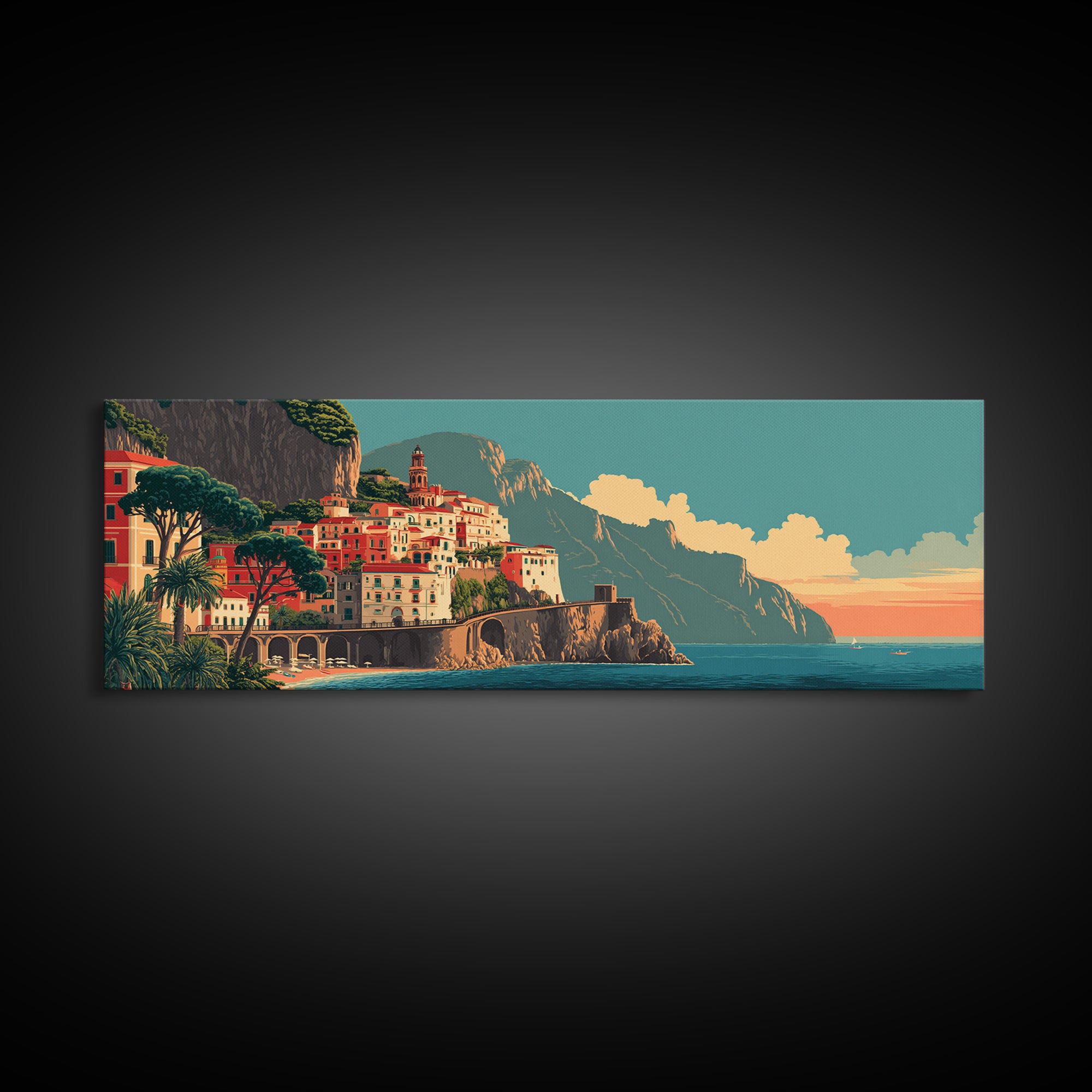 Retro Amalfi Coast Cliffs Framed Canvas Print, Travel Poster(2), Wall Hanging, Living Room Decor, Voyage, Landscape Art, TPO-3x1-18