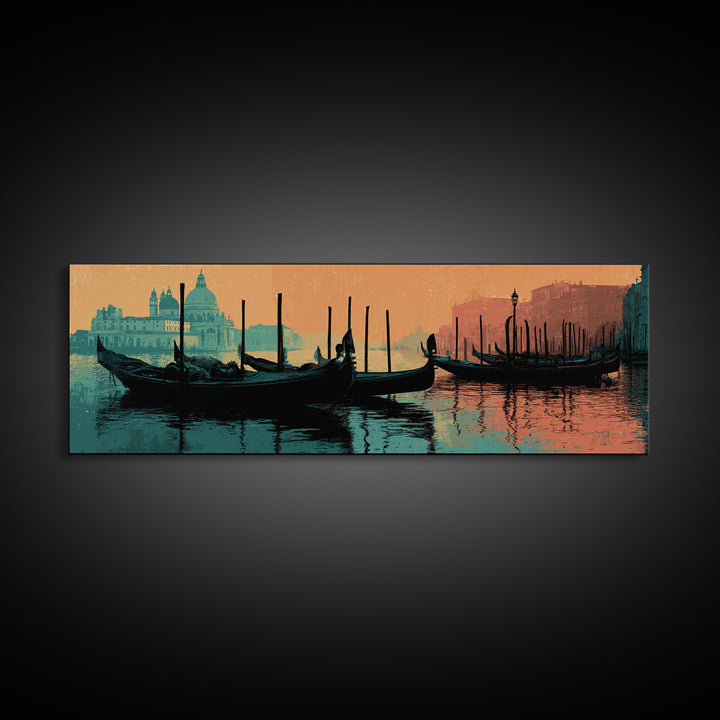 Venice Gondola Silhouette Framed Canvas Print, Travel Poster(2), Landscape Prints, Living Room Decor, Fine Art, Voyage, TPO-3x1-28