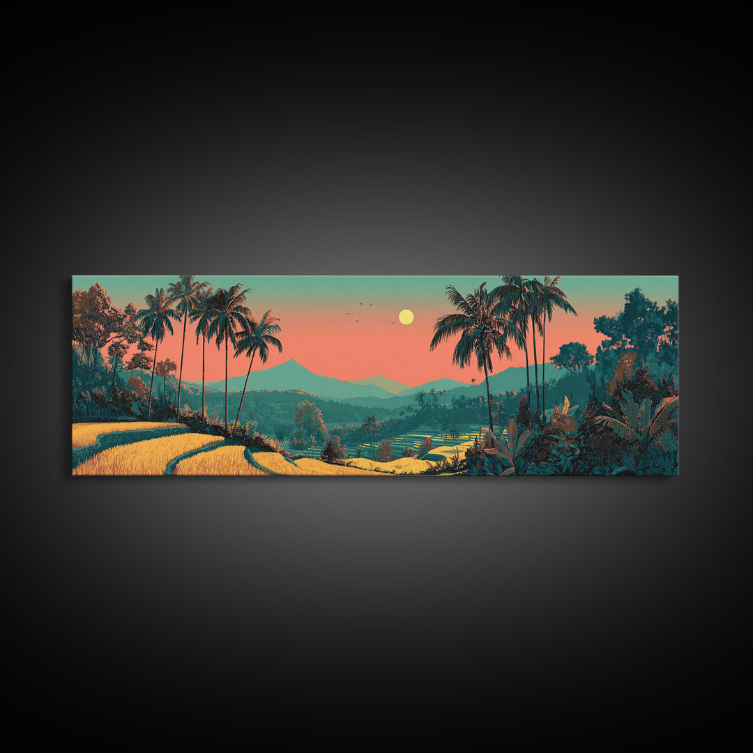 Bali Rice Terraces and Jungle Palms Framed Canvas Print, Travel Poster(2), Colorful Wall Art, Living Room Decor, Voyage, TPO-3x1-53
