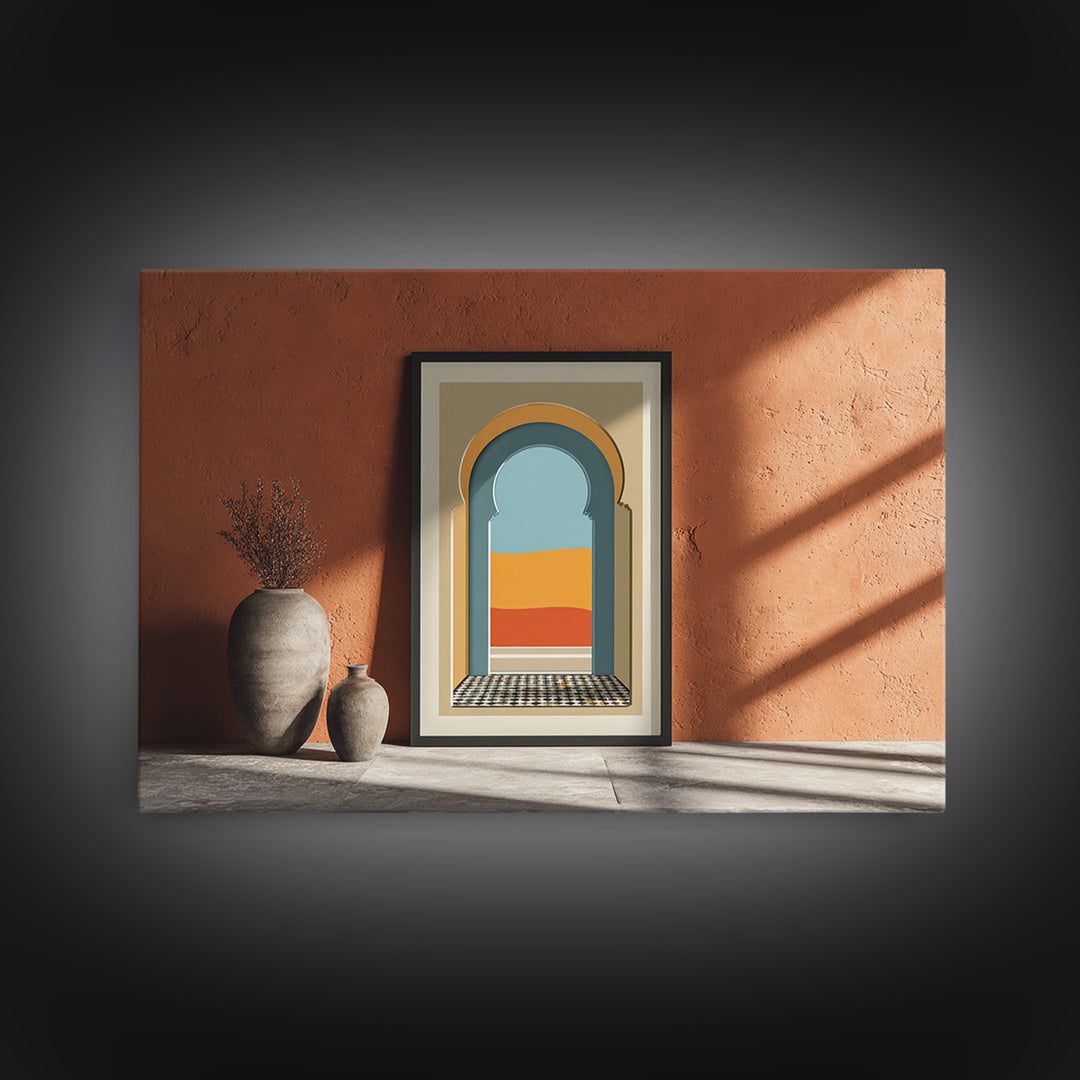 Marrakesh Arch and Tile Pattern Poster Framed Canvas Print, Travel Poster(2), Digital Download Art, Living Room Decor, Voyage, TPO-3x2-45