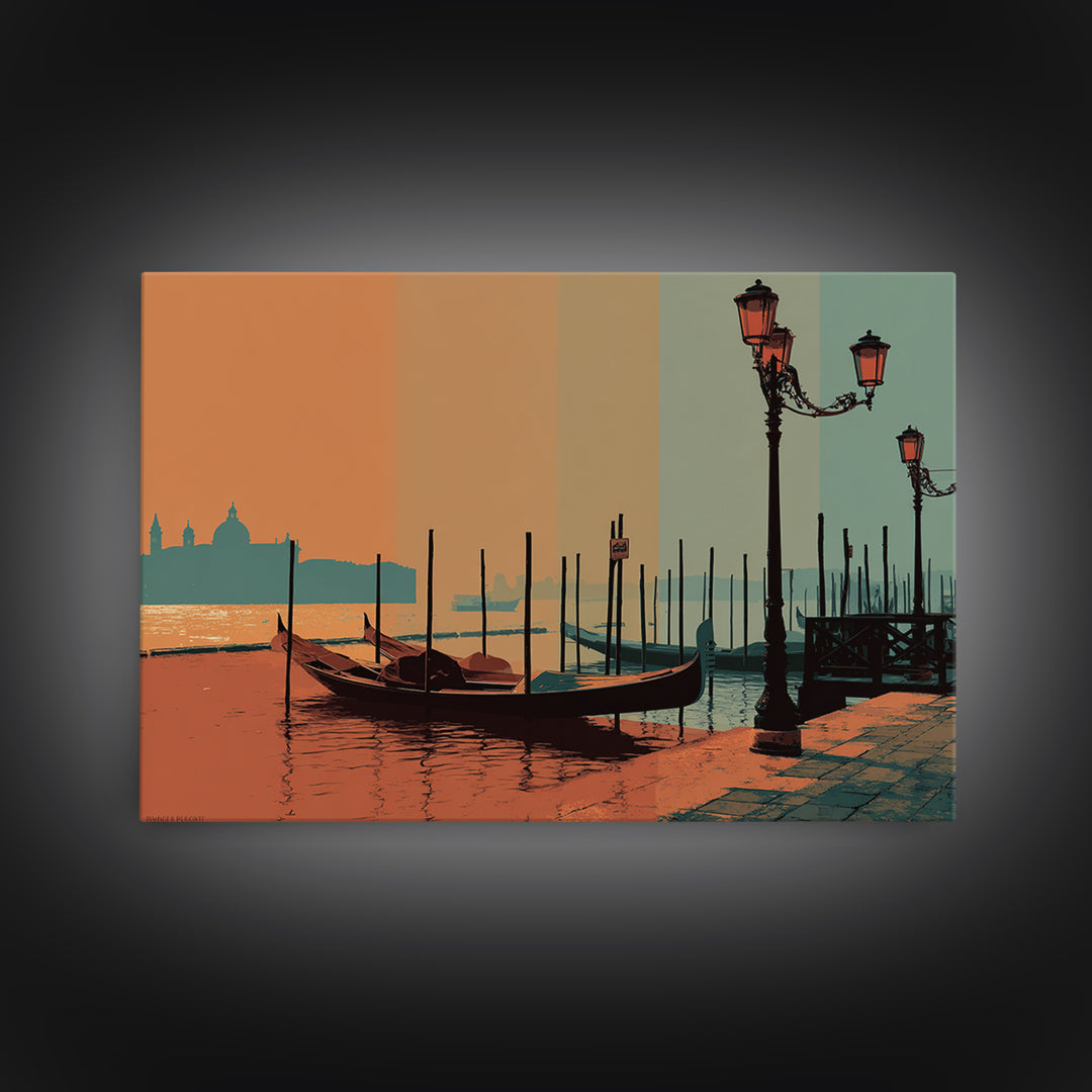 Venice Gondola Silhouette Framed Canvas Print, Travel Poster(2), Gallery Decor, Living Room Decor, Fine Art, Voyage, TPO-3x2-64
