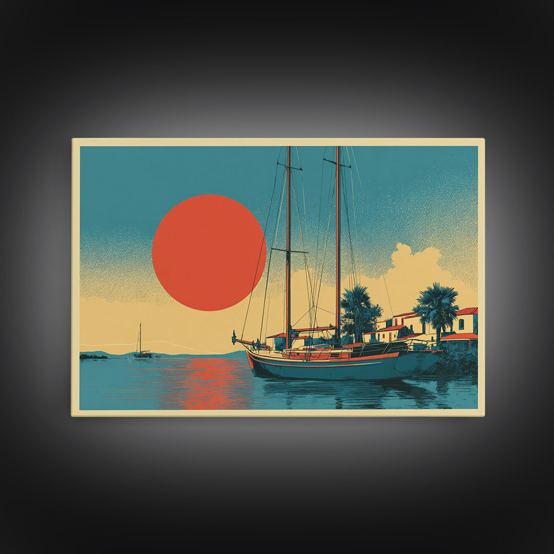 Greek Island Sailboat and Sun Poster Canvas Print, Travel Poster(2), Wall Decor, Living Room Decor, Fine Art, Voyage, TPO-3x2-68