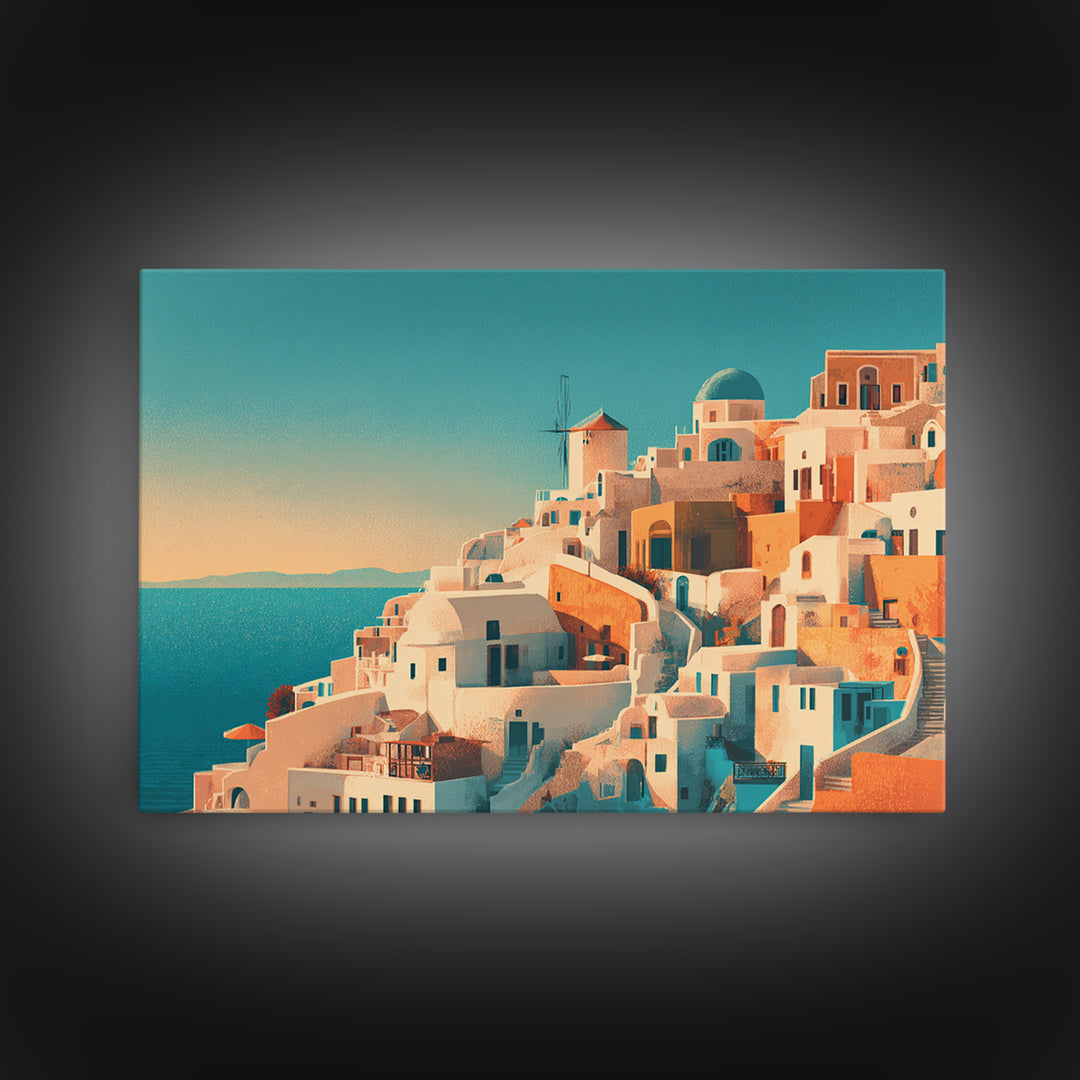 Santorini White Buildings and Cobalt Water Framed Canvas Print, Travel Poster(2), Retro Wall Art, Living Room Decor, Voyage, TPO-3x2-8
