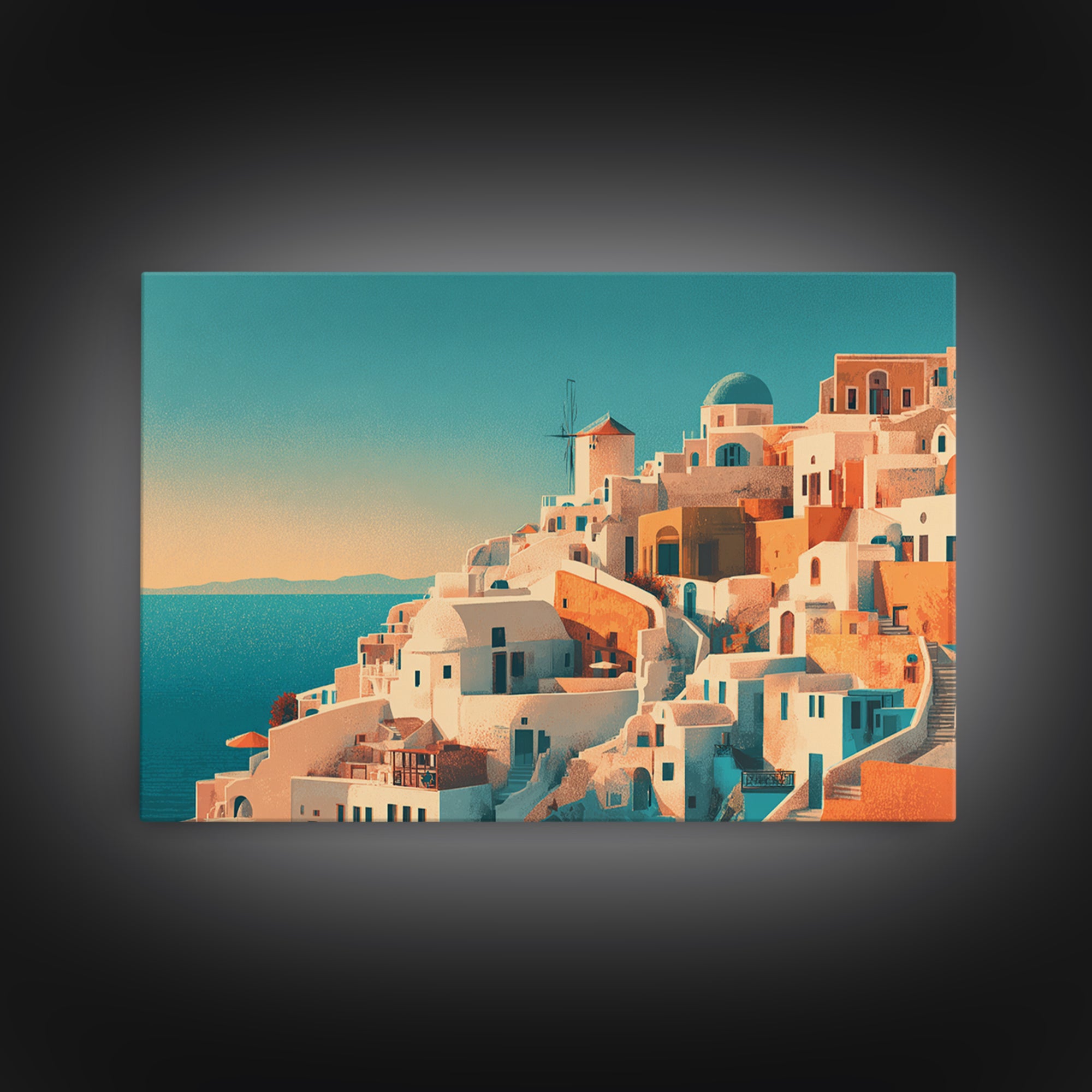 Santorini White Buildings and Cobalt Water Framed Canvas Print, Travel Poster(2), Retro Wall Art, Living Room Decor, Voyage, TPO-3x2-8