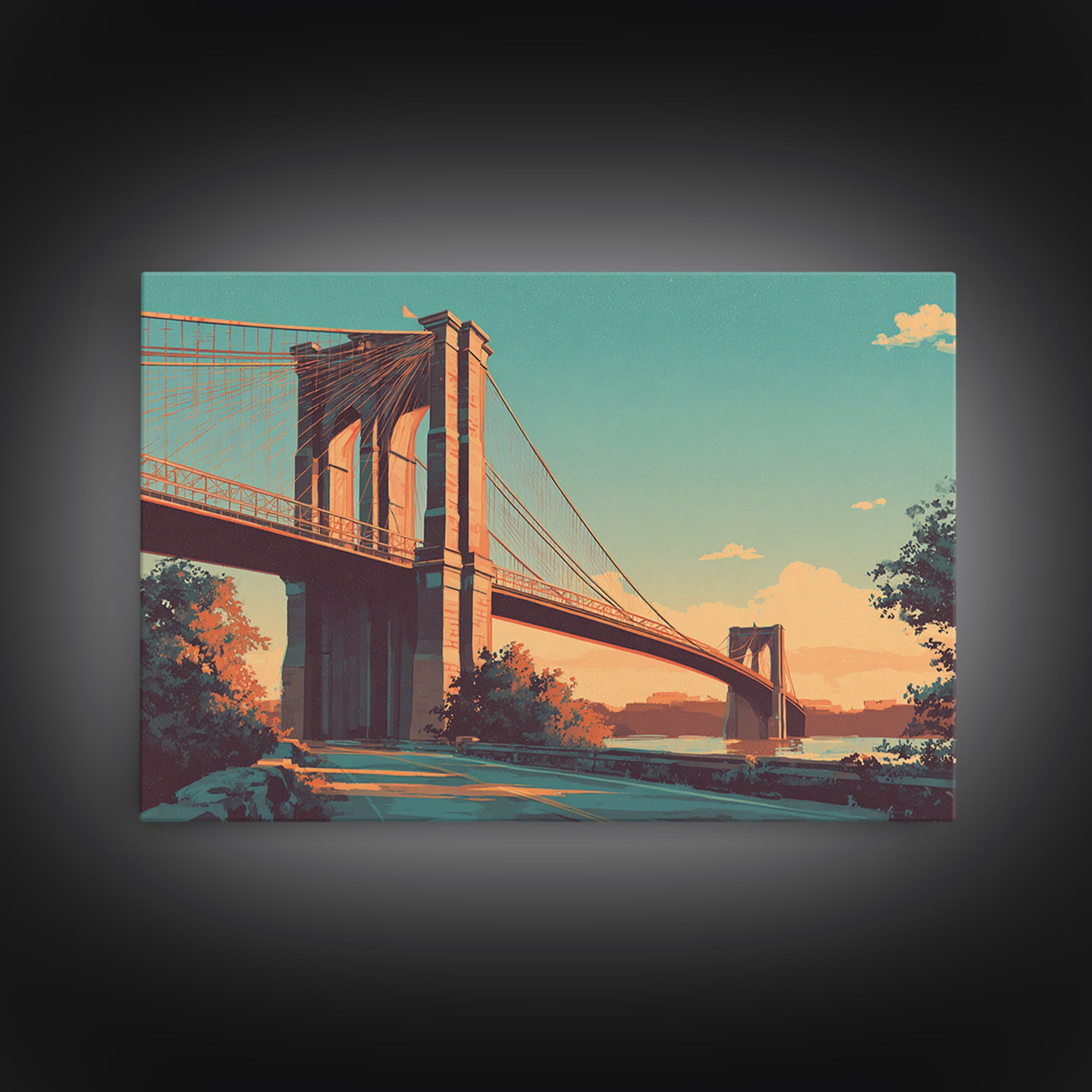 New York Bridge at Sunrise Framed Canvas Print, Travel Poster(2), Digital Download Art, Living Room Decor, Fine Art, Voyage, TPO-3x2-82