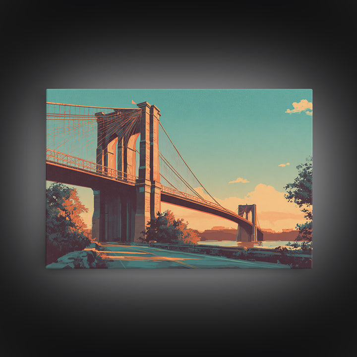 New York Bridge at Sunrise Framed Canvas Print, Travel Poster(2), Digital Download Art, Living Room Decor, Fine Art, Voyage, TPO-3x2-82