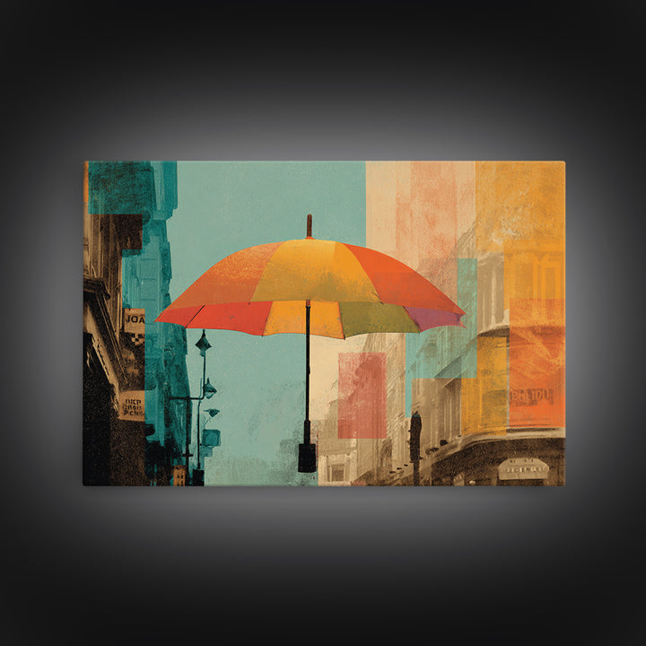 London Rainy Street Umbrella Graphic Framed Canvas Print, Travel Poster(2), Downloadable Prints, Living Room Decor, Voyage, TPO-3x2-86