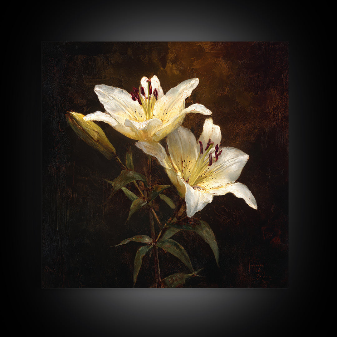 White Lilies on Dark Background Canvas Print, Traditional Art, Digital Print, Living Room Decor, Oil Painting, Classic, TRA-1x1-15