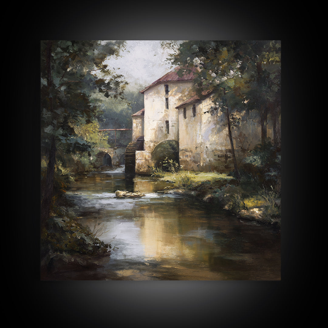 Watermill Beside a Quiet Stream Canvas Print, Traditional Art, Gallery Decor, Living Room Decor, Fine Art, Classic, Wall Art, TRA-1x1-17
