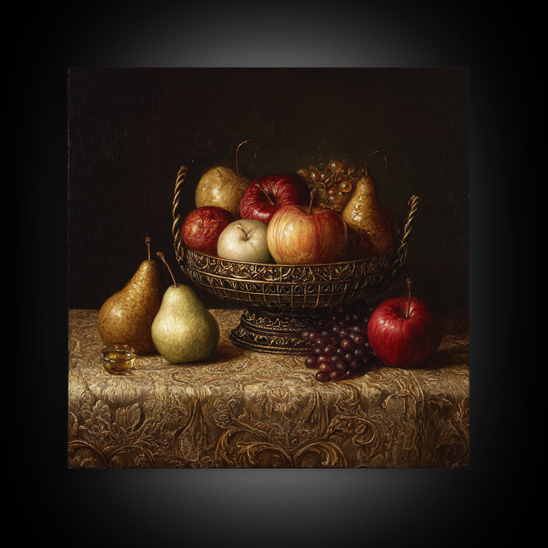 Basket of Apples and Pears on Linen Canvas Print, Traditional Art, Custom Art, Living Room Decor, Abstract Art, Classic, TRA-1x1-18