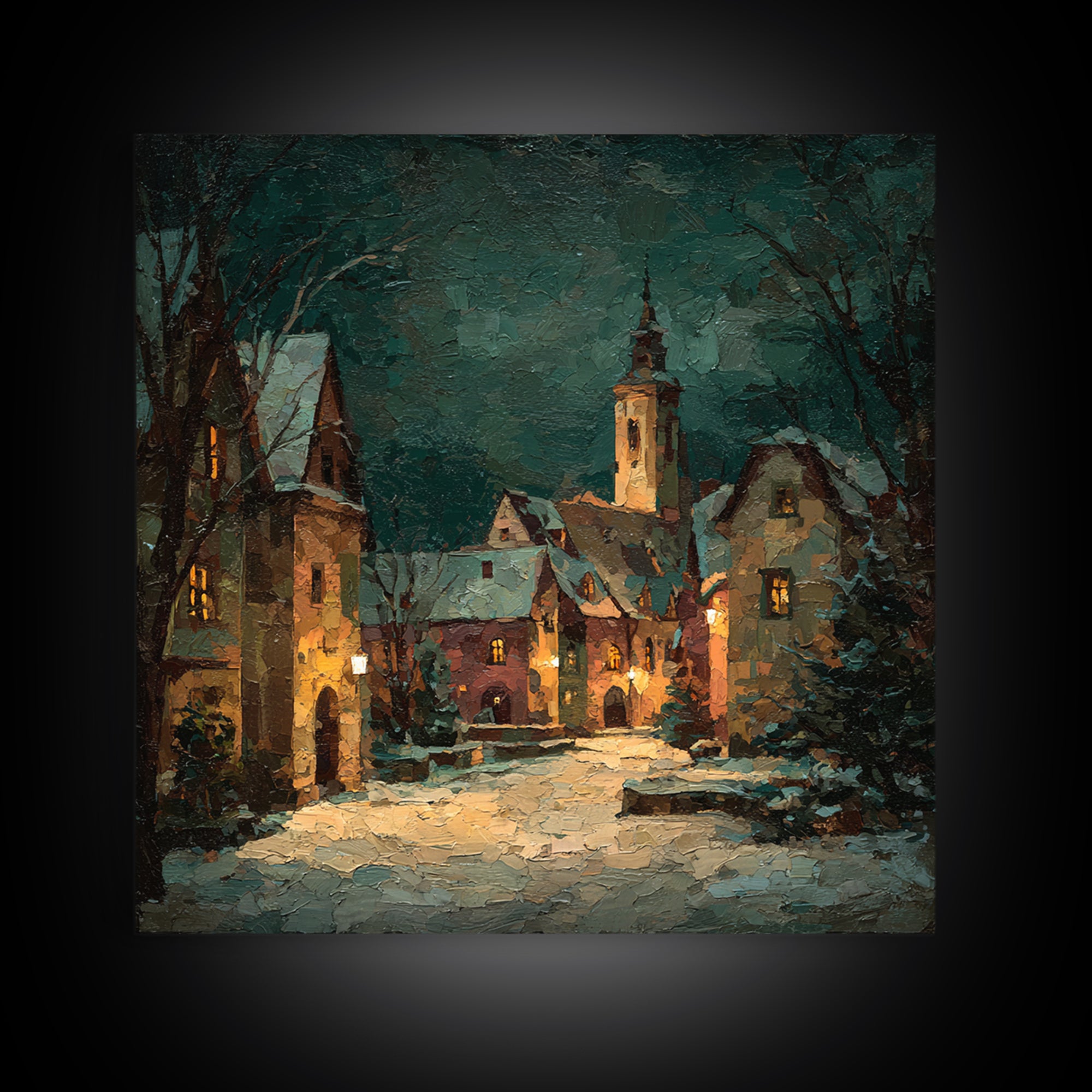 Snowy Village Landscape at Twilight Canvas Print, Traditional Art, Printable Art, Living Room Decor, Watercolor Art, Classic, TRA-1x1-19