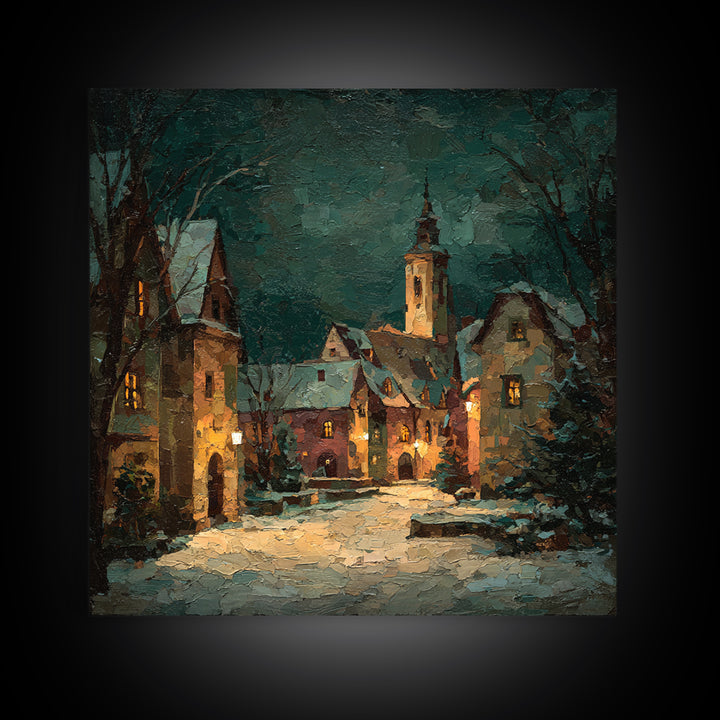 Snowy Village Landscape at Twilight Canvas Print, Traditional Art, Printable Art, Living Room Decor, Watercolor Art, Classic, TRA-1x1-19