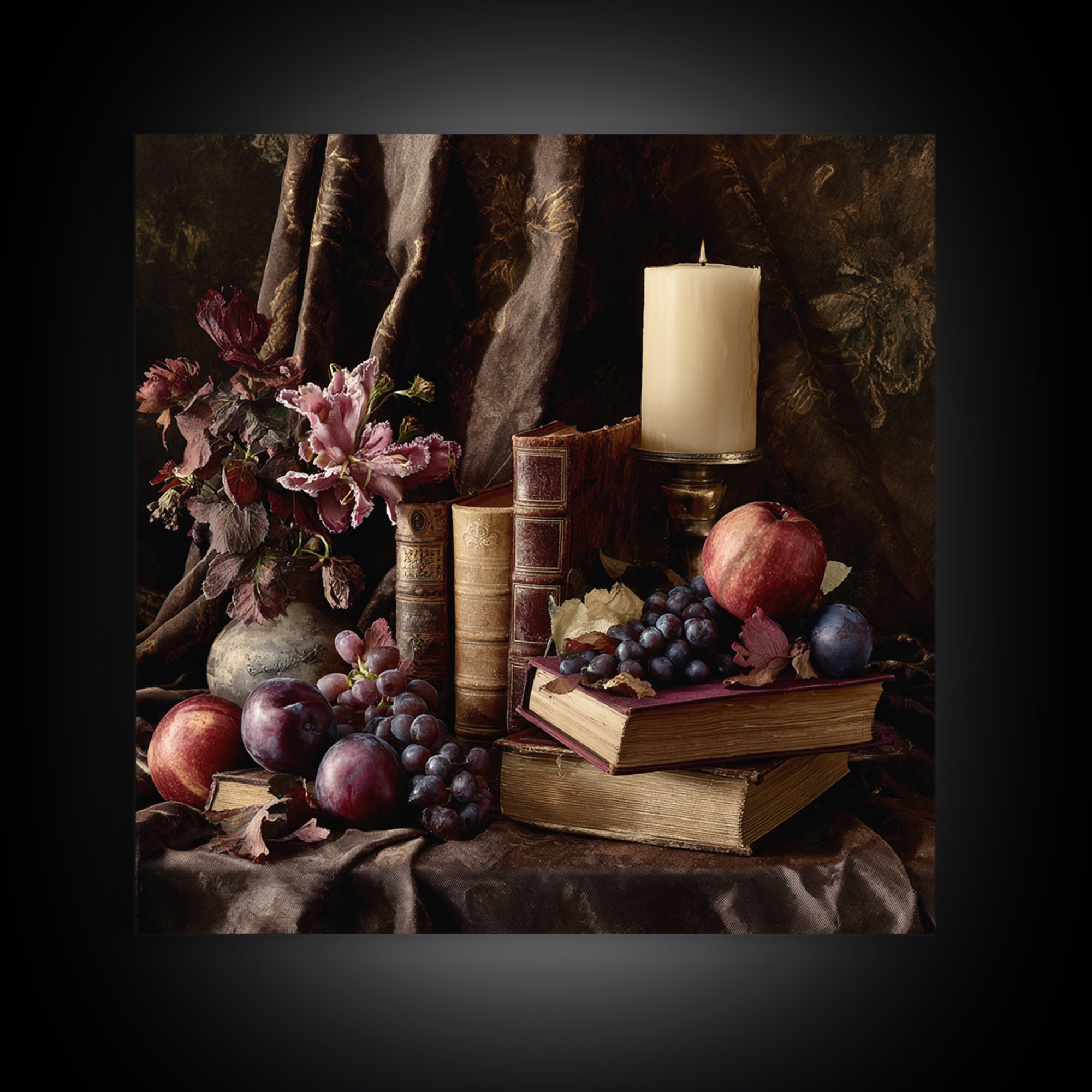Still Life of Books Candle and Fruit Canvas Print, Traditional Art, Painting, Living Room Decor, Classic, Art Commissions, TRA-1x1-20