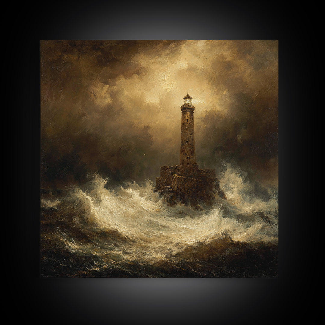 Lighthouse with Crashing Waves Framed Canvas Print, Traditional Art, Neutral Decor, Living Room Decor, Fine Art, Classic, TRA-1x1-21