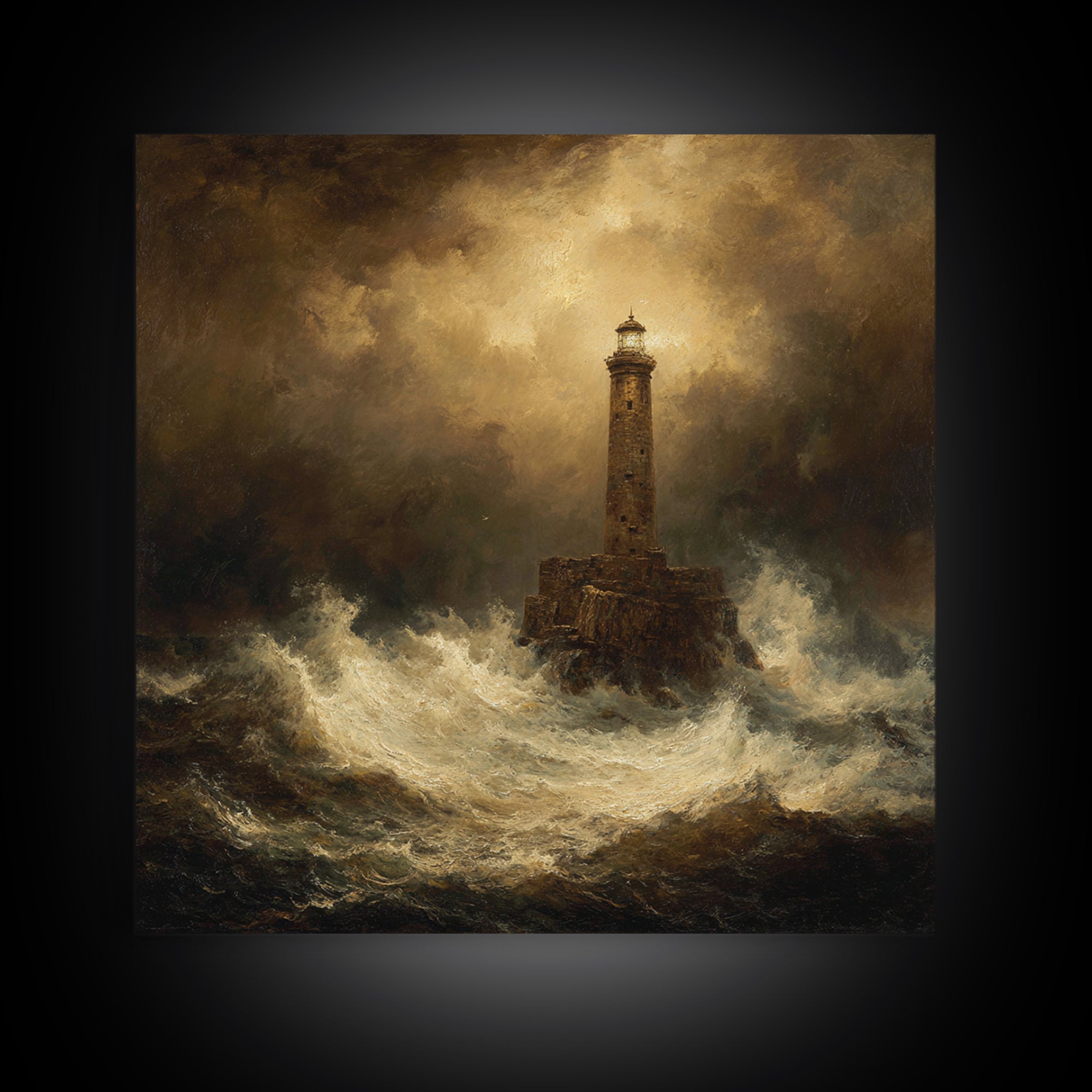 Lighthouse with Crashing Waves Framed Canvas Print, Traditional Art, Neutral Decor, Living Room Decor, Fine Art, Classic, TRA-1x1-21