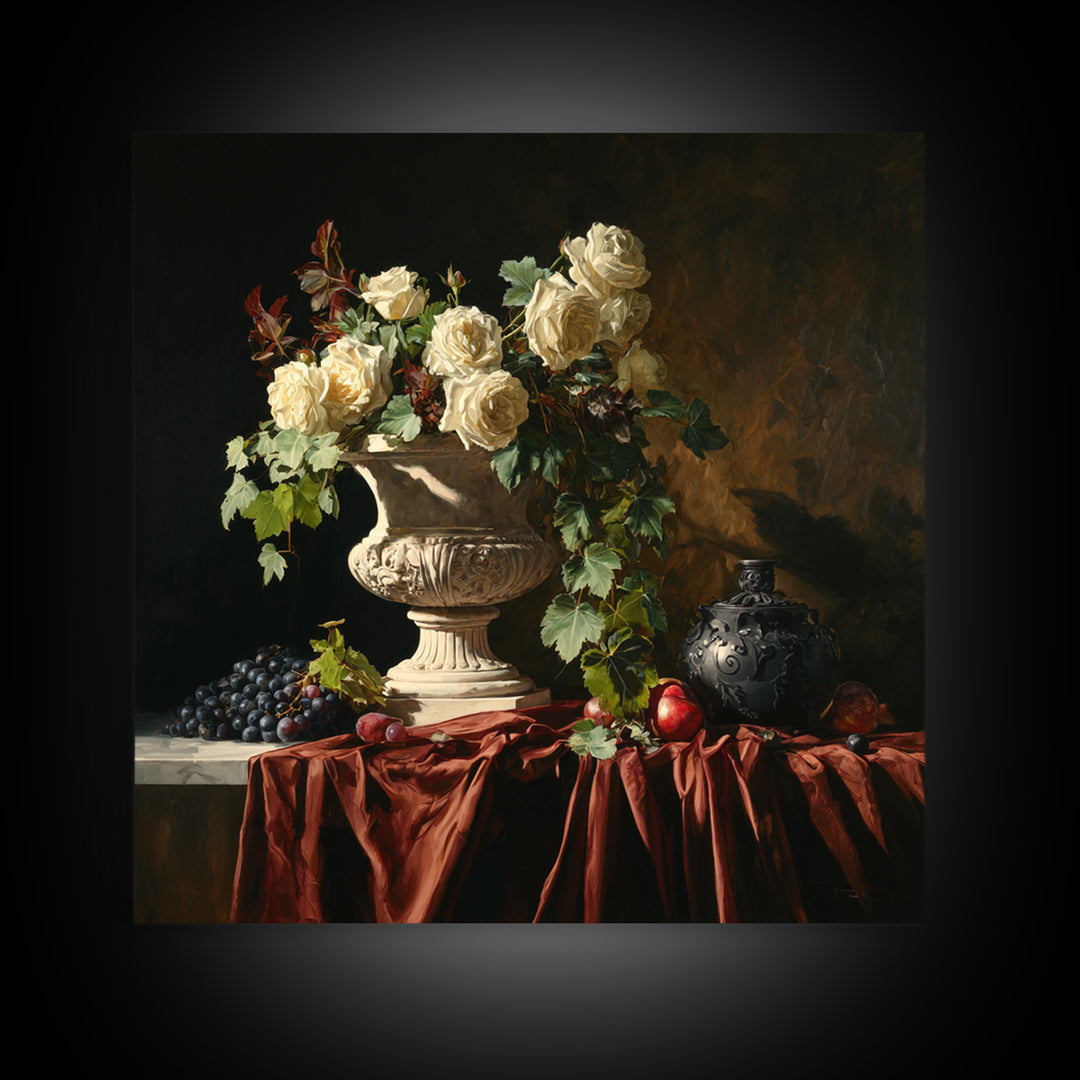 Garden Urn with Roses and Ivy Framed Canvas Print, Traditional Art, Indian Wall Art, Living Room Decor, Watercolor Art, Classic, TRA-1x1-24