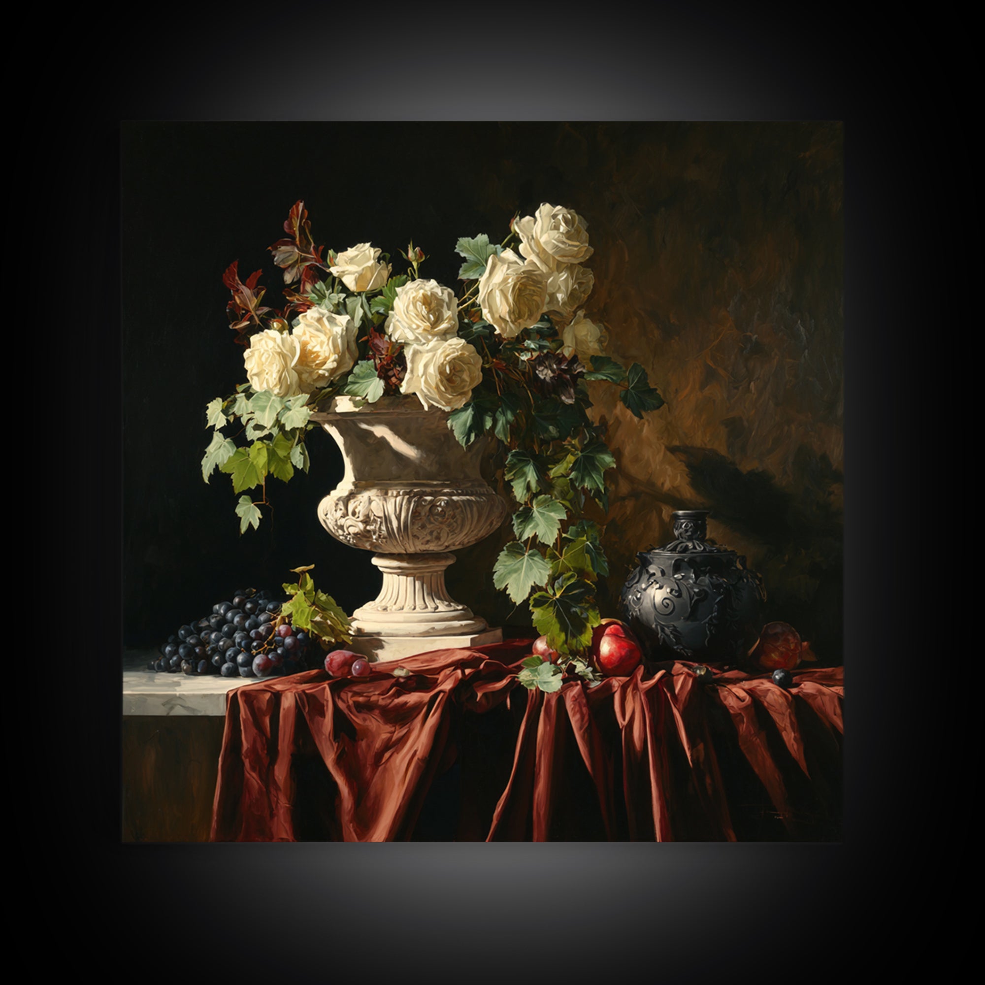 Garden Urn with Roses and Ivy Framed Canvas Print, Traditional Art, Indian Wall Art, Living Room Decor, Watercolor Art, Classic, TRA-1x1-24