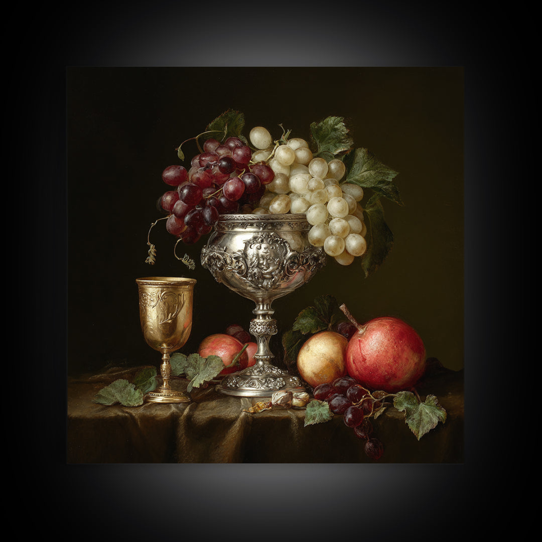 Dutch Fruit and Silver Goblet Still Life Framed Canvas Print, Traditional Art, Living Room Decor, Oil Painting, Classic, TRA-1x1-28