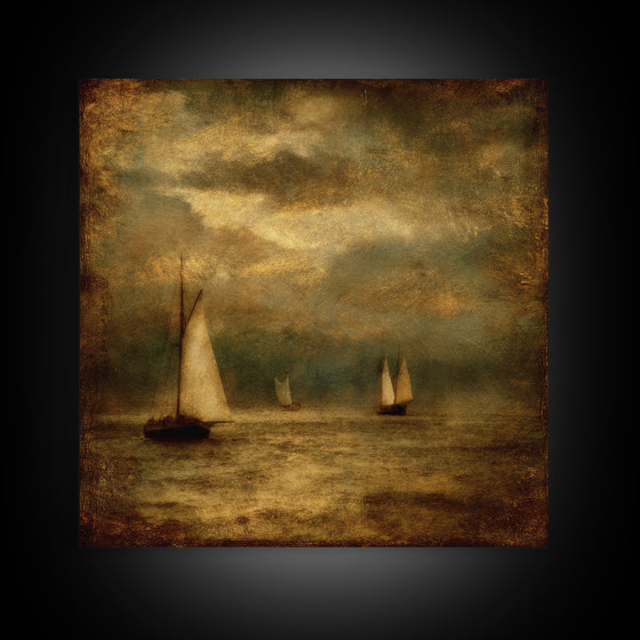 Seascape with Sailboats and Cloudy Sky Framed Canvas Print, Traditional Art, Textured Painting, Living Room Decor, Classic, TRA-1x1-29