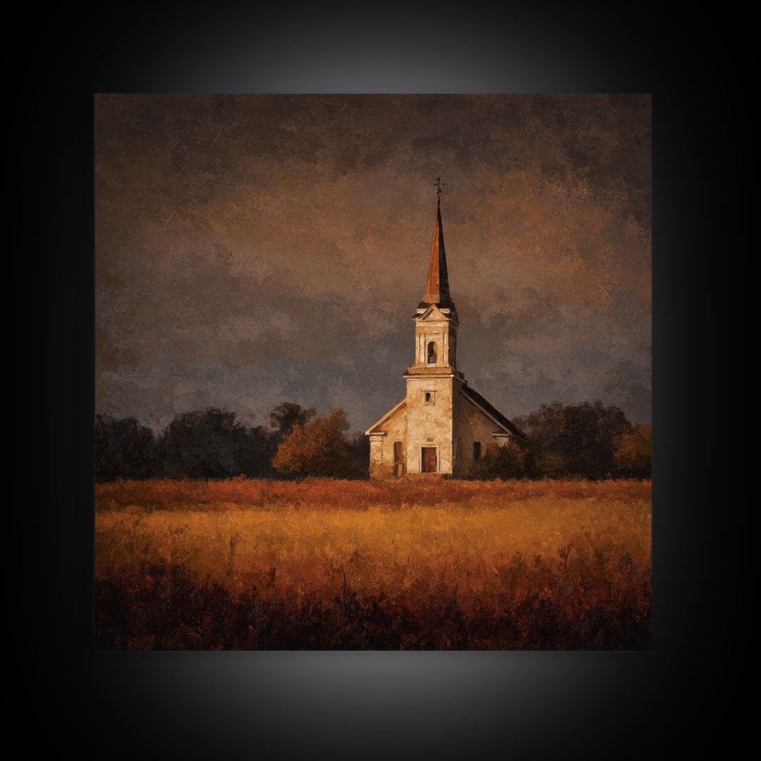 Church Steeple Across Rural Meadow Framed Canvas Print, Traditional Art, Boho Decor, Living Room Decor, Fine Art, Classic, TRA-1x1-37