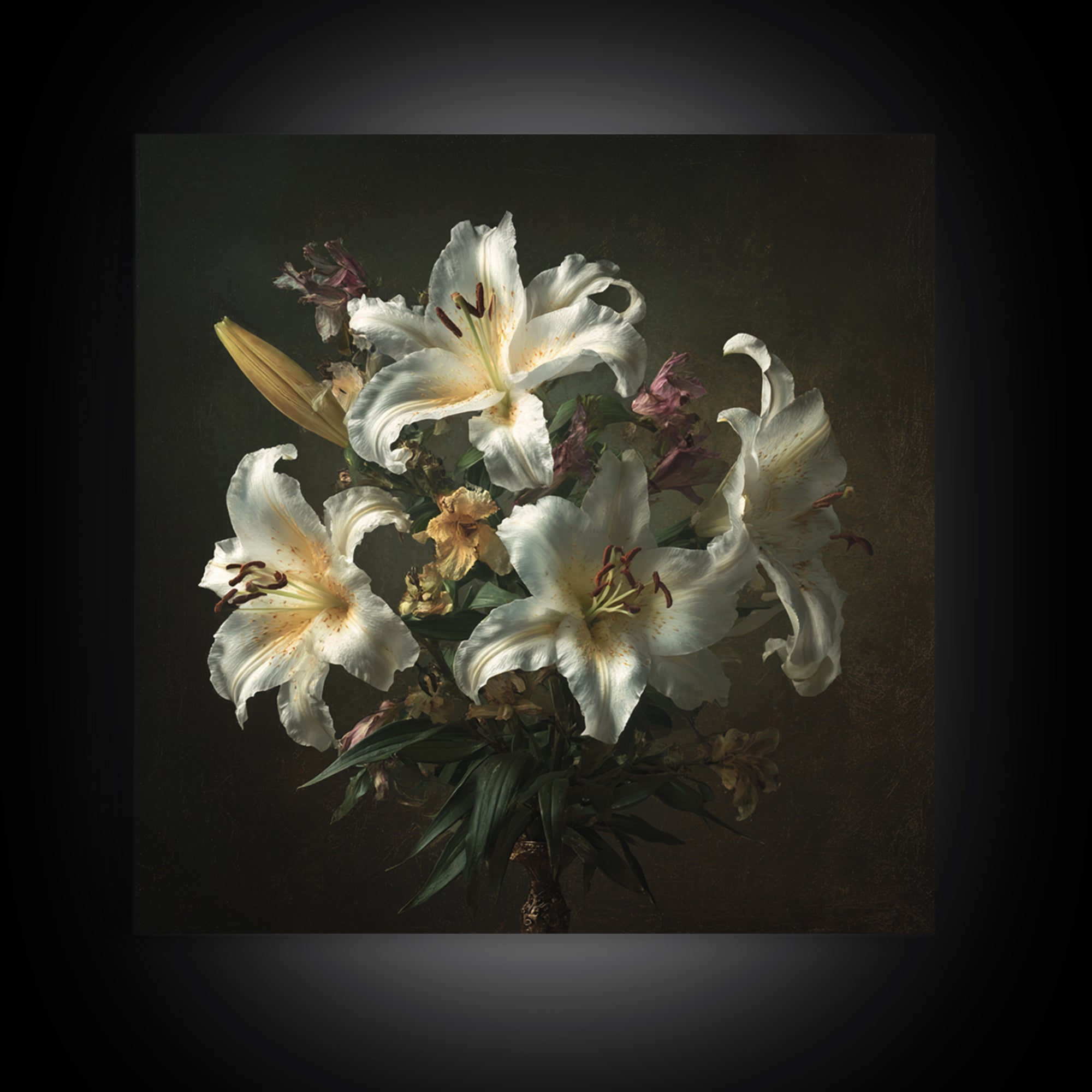 White Lilies on Dark Background Framed Canvas Print, Traditional Art, Custom Art, Living Room Decor, Fine Art, Classic, TRA-1x1-39