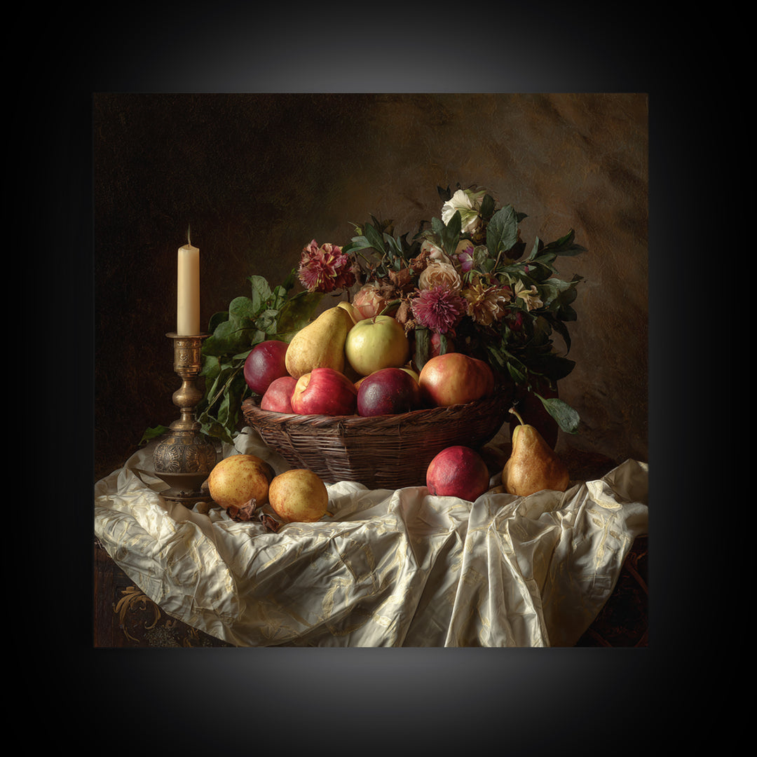 Basket of Apples and Pears on Linen Framed Canvas Print, Traditional Art, Landscape, Living Room Decor, Fine Art, Classic, TRA-1x1-42