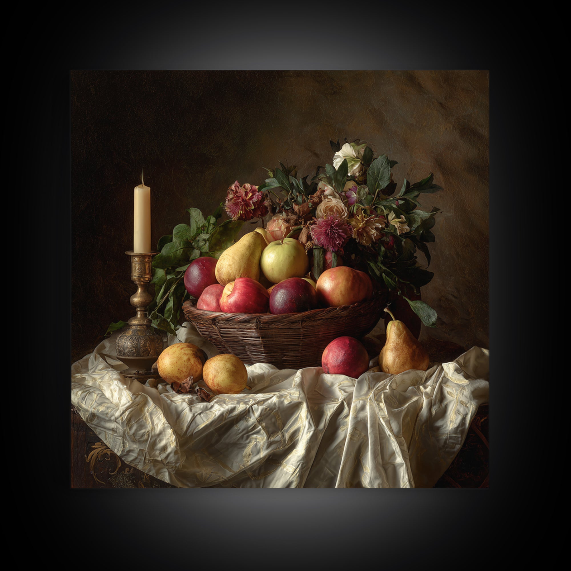 Basket of Apples and Pears on Linen Framed Canvas Print, Traditional Art, Landscape, Living Room Decor, Fine Art, Classic, TRA-1x1-42