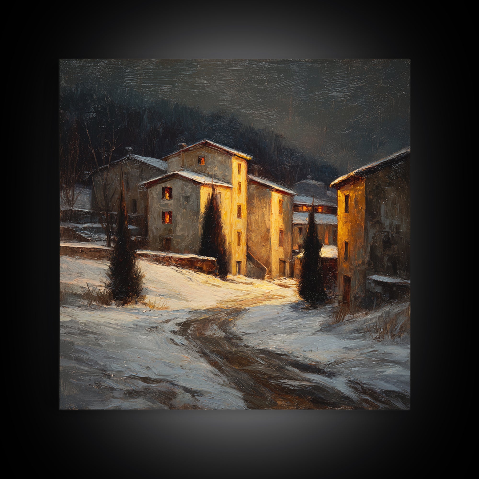 Snowy Village Landscape at Twilight Framed Canvas Print, Traditional Art, Furry Art, Living Room Decor, Fine Art, Classic, TRA-1x1-43