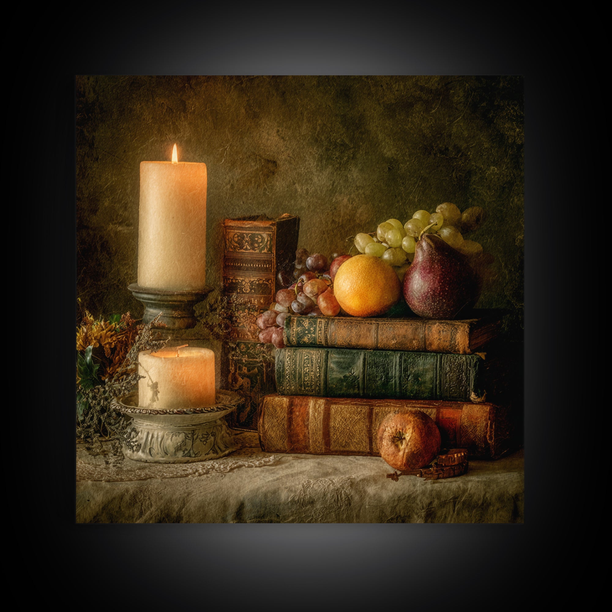 Still Life of Books Candle and Fruit Framed Canvas Print, Traditional Art, Boho, Living Room Decor, Fine Art, Classic, TRA-1x1-44