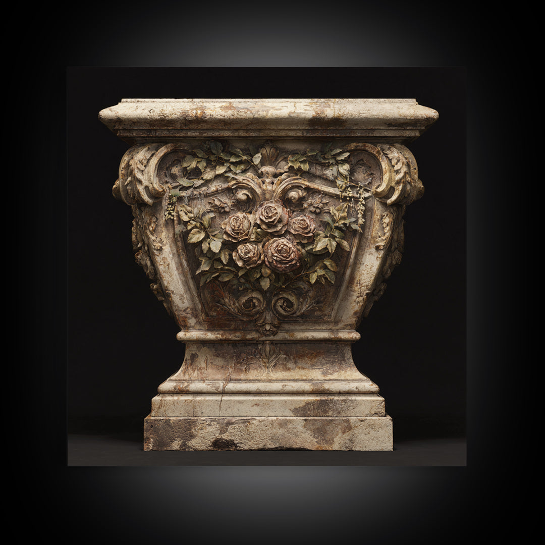 Garden Urn with Roses and Ivy Framed Canvas Print, Traditional Art, Art, Living Room Decor, Oil Painting, Classic, TRA-1x1-48