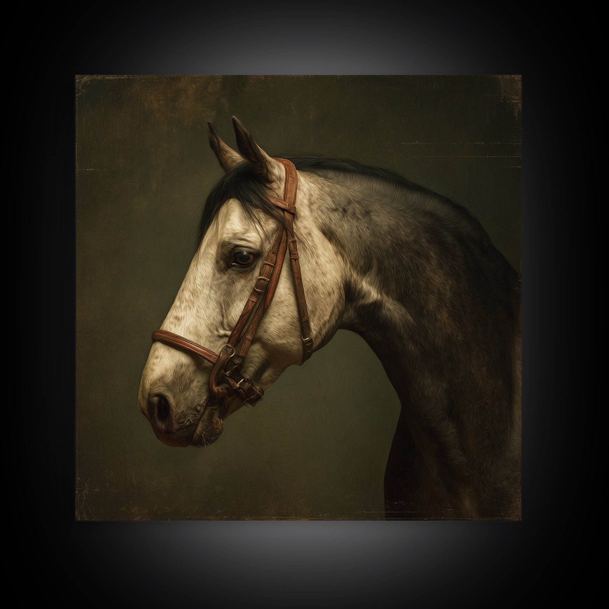 Realistic Horse Portrait Framed Canvas Print, Traditional Art, Dark Art, Living Room Decor, Oil Painting, Classic, TRA-1x1-51