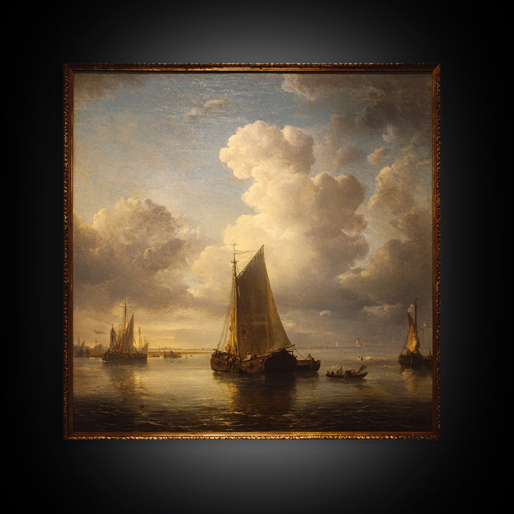 Seascape with Sailboats and Cloudy Sky Framed Canvas Print, Traditional Art, Textured Painting, Living Room Decor, Classic, TRA-1x1-53